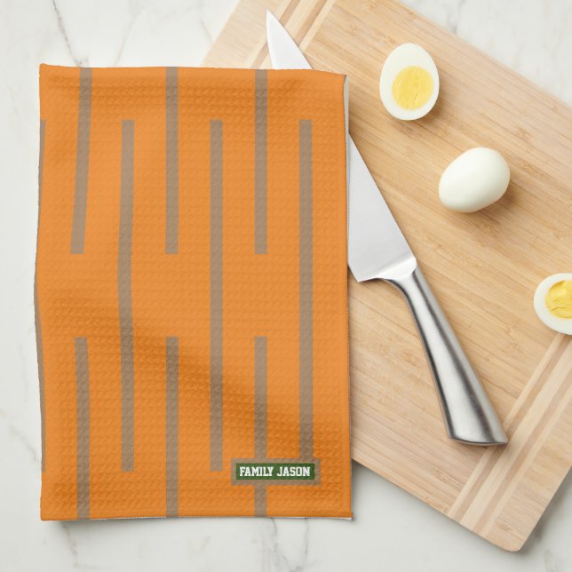 Custom name monogram stripes orange brown stylish tea towel (Quarter Fold)
