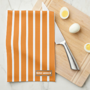 Custom name monogram  stripes pattern white orange tea towel