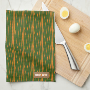 Custom name monogram stripes waves green orange  tea towel