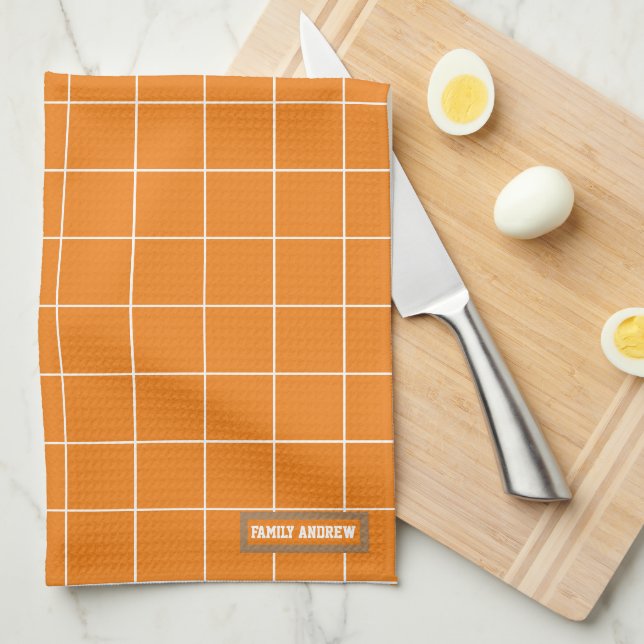 Custom name monogram stylish pattern orange white tea towel (Quarter Fold)
