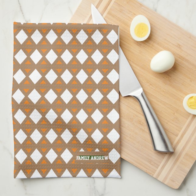 Custom name monogram stylish white borwn orange tea towel (Quarter Fold)