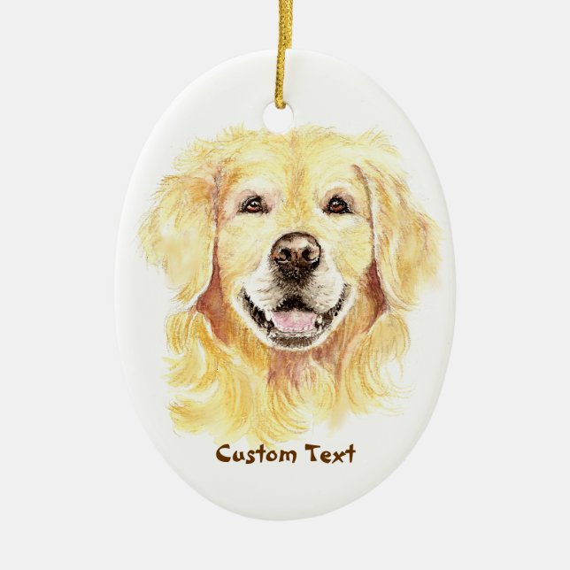 Custom Name, Monogram Text Golden Retriever Dog Ceramic Tree Decoration (Front)