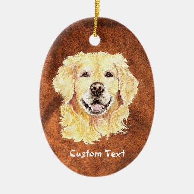 Custom Name, Monogram Text Golden Retriever Dog Ceramic Tree Decoration (Front)