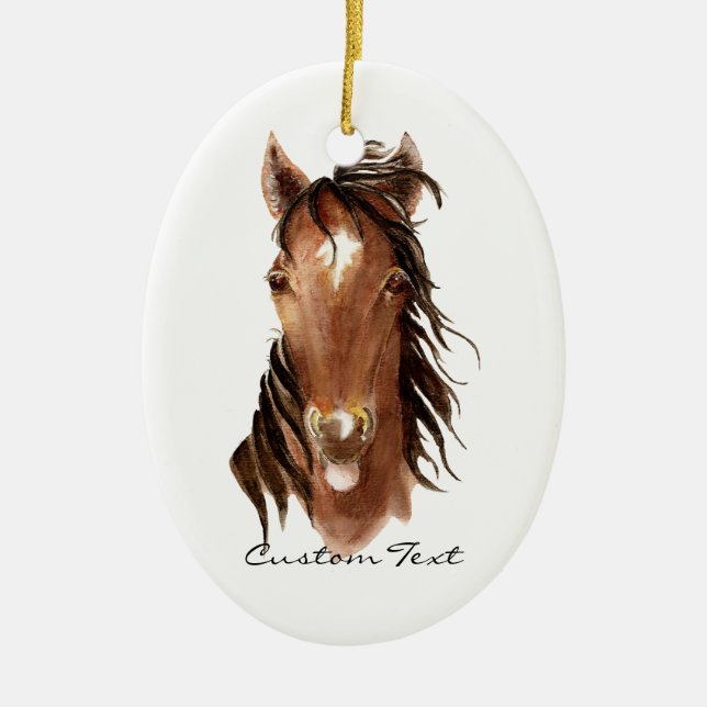 Custom Name, Monogram, Text Watercolor Horse Ceramic Tree Decoration (Front)