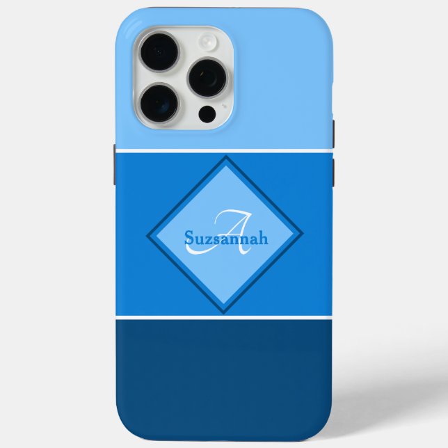 Custom Name Monogram Three Blue Ombre Stripes Case-Mate iPhone Case (Back)