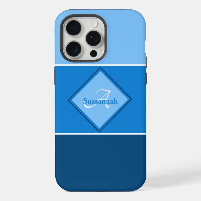 Custom Name Monogram Three Blue Ombre Stripes iPhone Case (Back)
