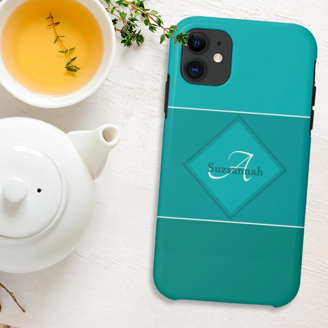 Custom Name Monogram Three Teal Fade Stripes Case-Mate iPhone Case (Creator Uploaded)
