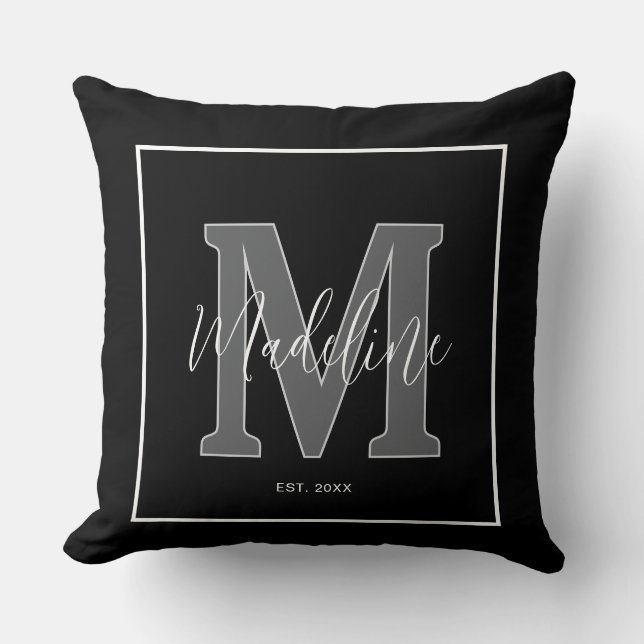 Custom name monogram typography black and white cushion