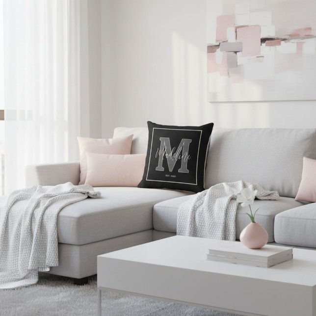 Custom name monogram typography black and white cushion (Creator Uploaded)