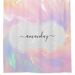 Custom Name Monogram Unicorn Holographic Girly Shower Curtain