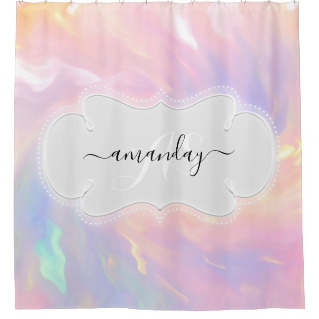 Custom Name Monogram Unicorn Holographic Girly Shower Curtain (Front)