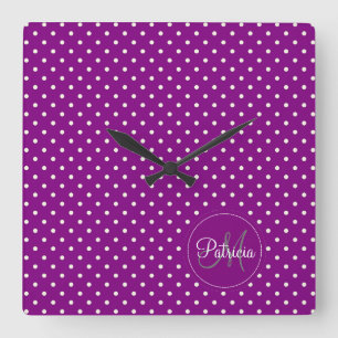Custom Name Monogram.Violet, White Polka Dots Square Wall Clock