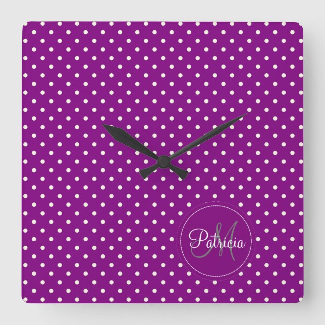 Custom Name Monogram.Violet, White Polka Dots Square Wall Clock (Front)