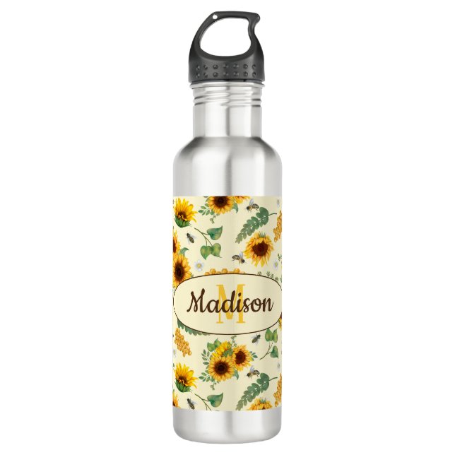 Custom Name Monogram Water Bottle Sunflowers Bees (Front)