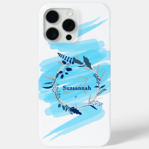 Custom Name Monogram Watercolor Blue Wreath iPhone 15 Pro Max Case