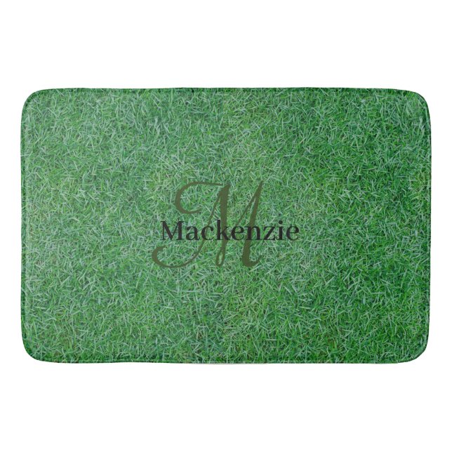 Custom Name Monogram Zen Green Grass Lawn Bath Mat (Front)