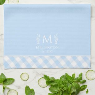Custom Name Monogrammed Blue & White Gingham Tea Towel