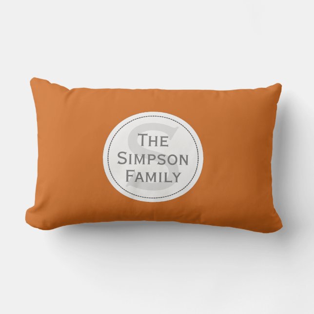 Custom Name Monogrammed. Cinnamon Orange & White Lumbar Cushion (Front)