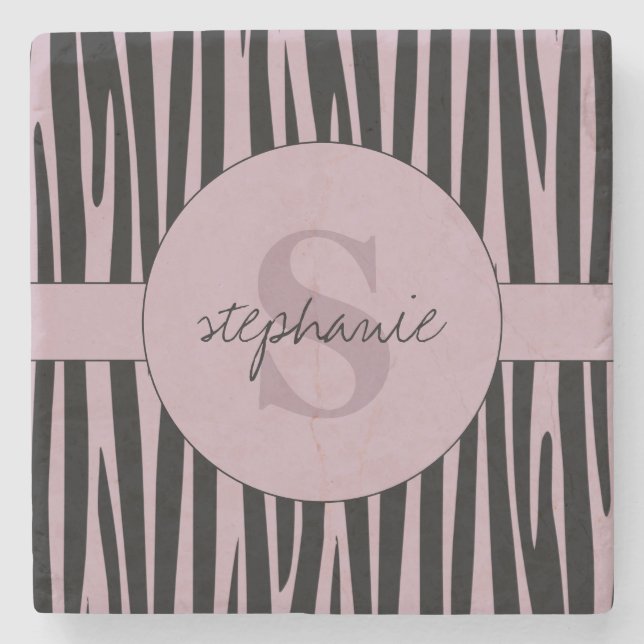 Custom Name Monogrammed Zebra stripes pattern Stone Coaster (Front)