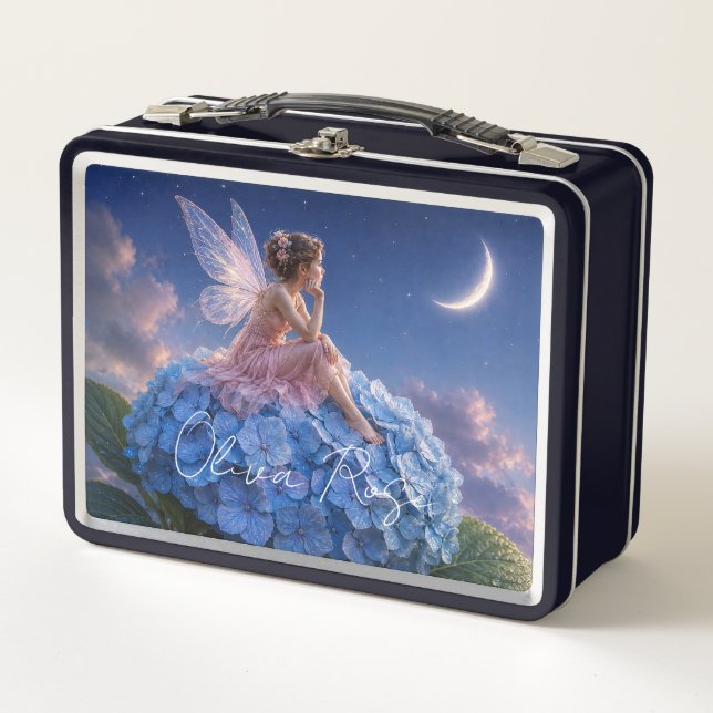 Custom Name Moonlit Hydrangea Fairy Metal Lunch Box (Front)
