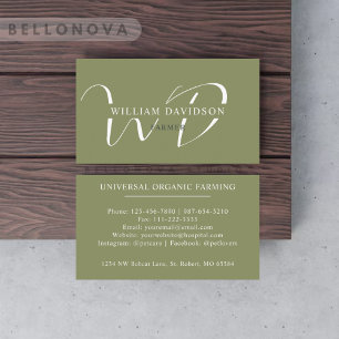 Custom Name Moss Sage Olive Green White Monogram Business Card