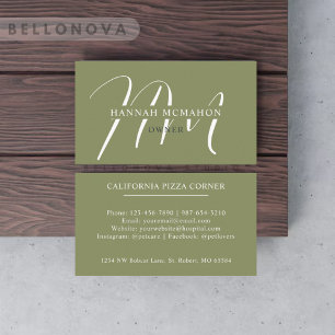 Custom Name Moss Sage Olive Green White Monogram Business Card