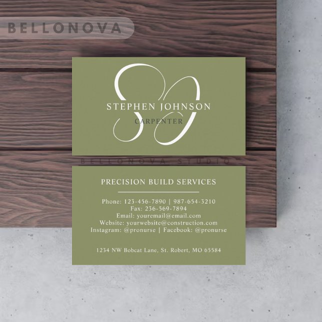Custom Name Moss Sage Olive Green White Monogram Business Card (Custom Name Moss Sage Olive Green White Monogram Business Card)