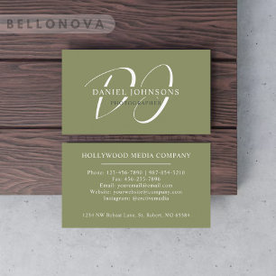 Custom Name Moss Sage Olive Green White Monogram Business Card