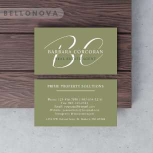 Custom Name Moss Sage Olive Green White Monogram Business Card