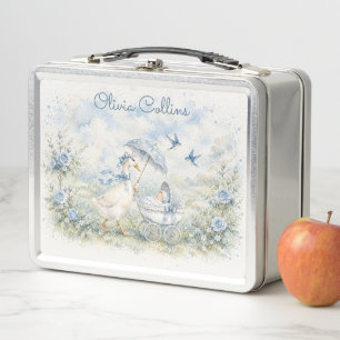 Custom Name Mother Goose Blue Roses Baby Shower Metal Lunch Box