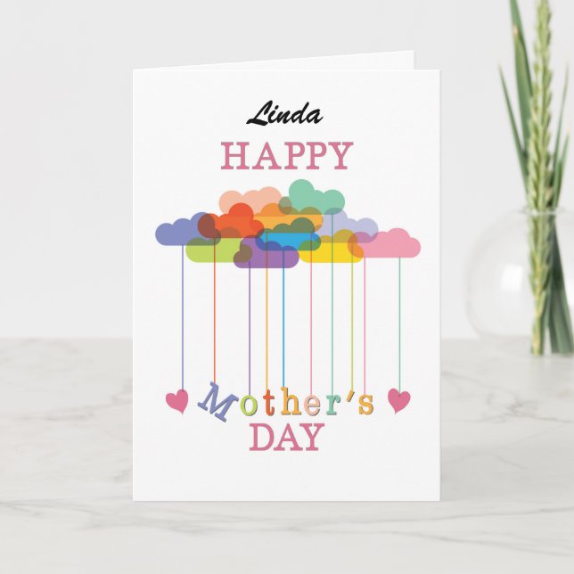 Custom Name Mother's Day Rainbow Clouds, Hearts Card (Front)