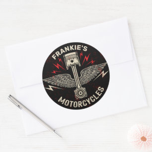 Custom NAME Motorcycle Piston Wings Biker Garage Classic Round Sticker