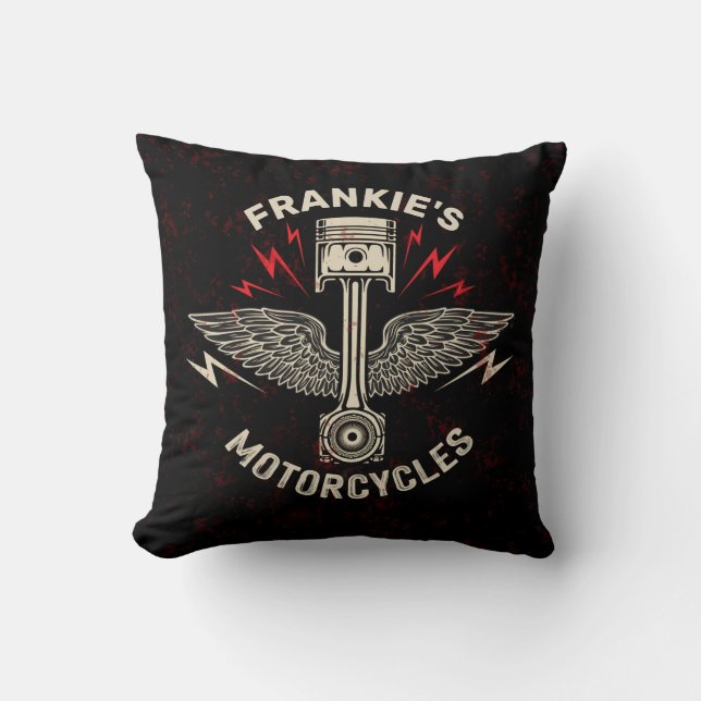 Custom NAME Motorcycle Piston Wings Biker Garage Cushion (Front)