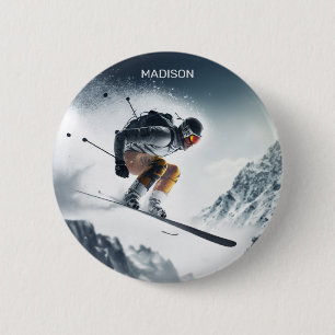 Custom Name Mountain Skier 6 Cm Round Badge