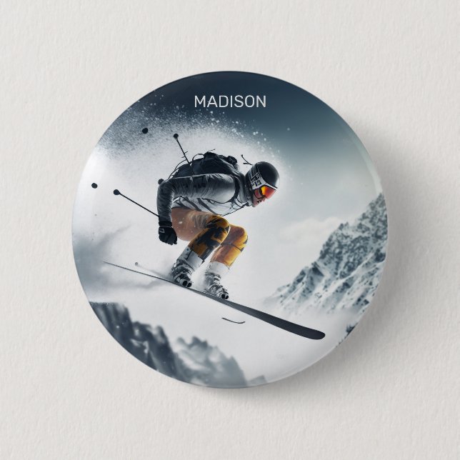 Custom Name Mountain Skier 6 Cm Round Badge (Front)