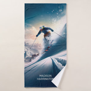 Custom Name Mountain Skier Bath Towel