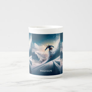 Custom Name Mountain Skier Bone China Mug