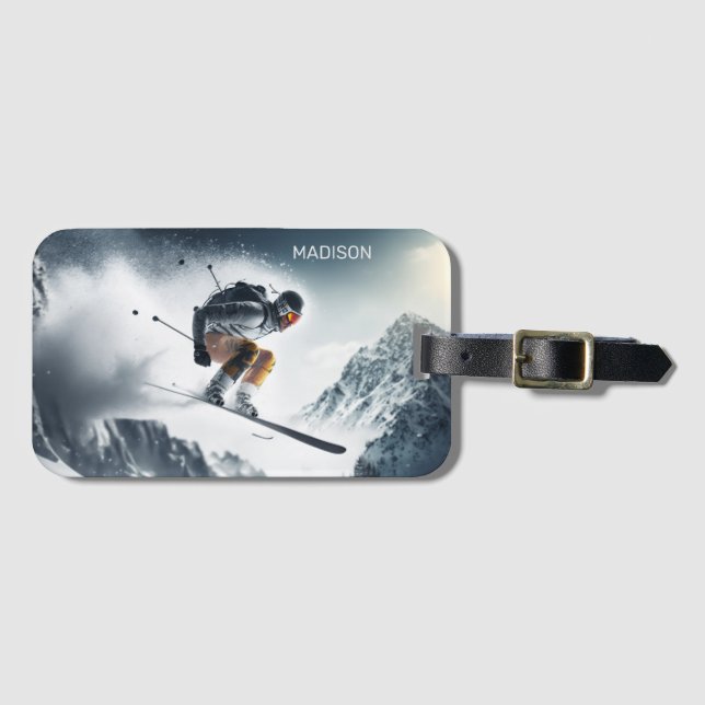 Custom Name Mountain Skier Luggage Tag (Front Horizontal)