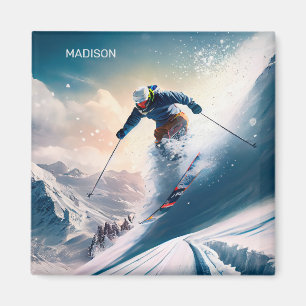 Custom Name Mountain Skier Magnet