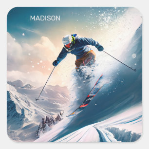 Custom Name Mountain Skier Square Sticker
