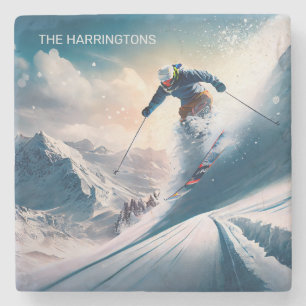 Custom Name Mountain Skier Stone Coaster