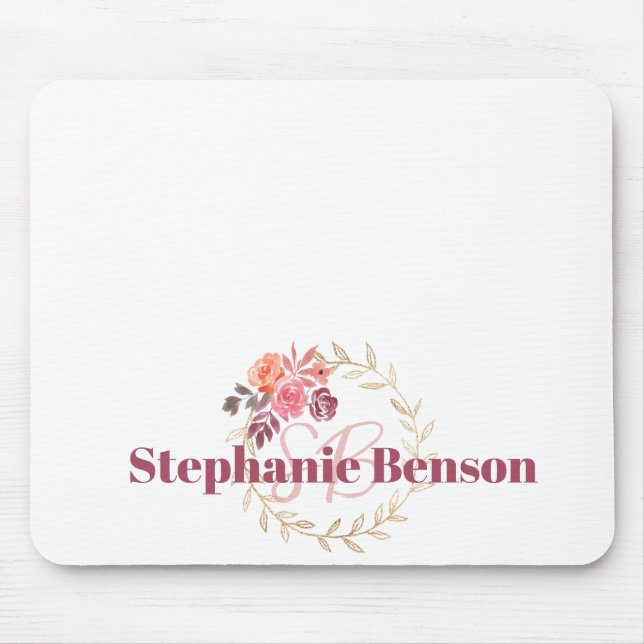 Custom Name Mousepad | Beautiful Watercolor Floral (Front)