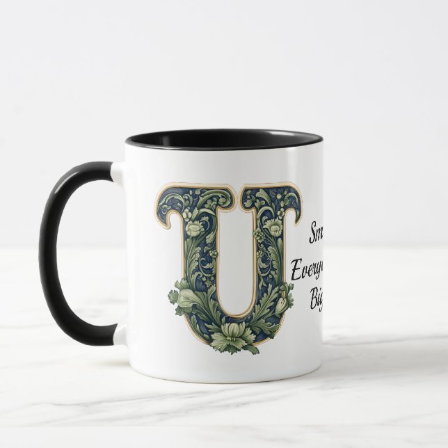 Custom Name Mug with Green Leaf Monogram  (Left)