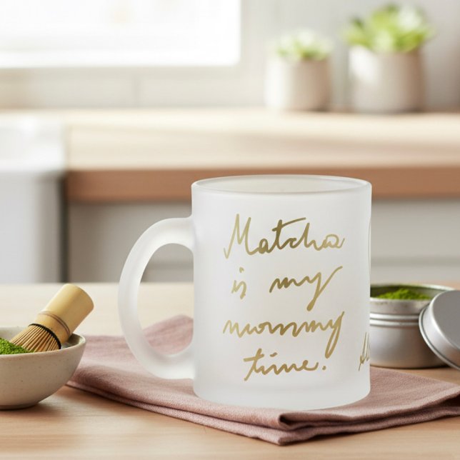 Custom Name Mummy Matcha Tea Gold Script Heart  Frosted Glass Coffee Mug (Creator Uploaded)
