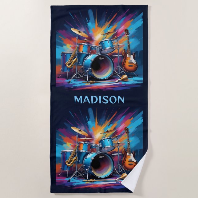 Custom Name Musical Instruments Beach Towel (Front)