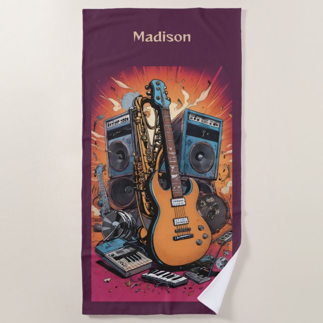 Custom Name Musical Instruments Beach Towel (Front)