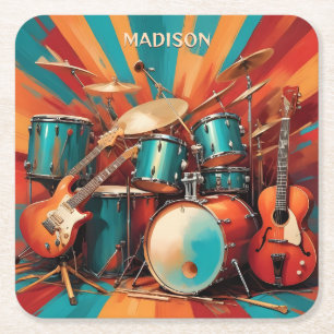 Custom Name Musical Instruments Square Paper Coaster