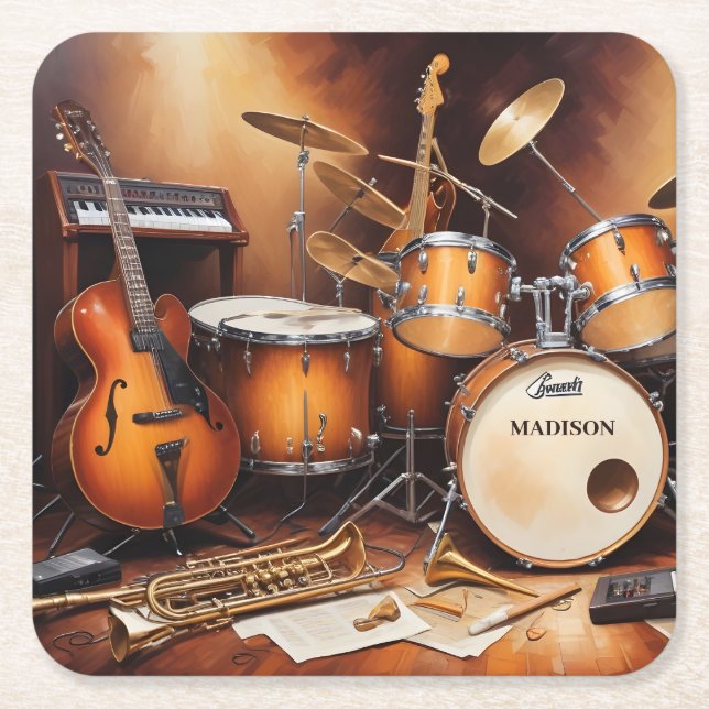 Custom Name Musical Instruments Square Paper Coaster (Front)