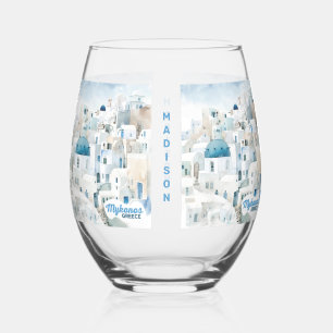 Custom Name Mykonos Greece Stemless Wine Glass