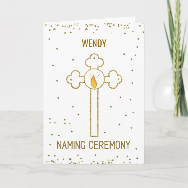 Custom Name Naming Ceremony Gold Cross Card (Front)